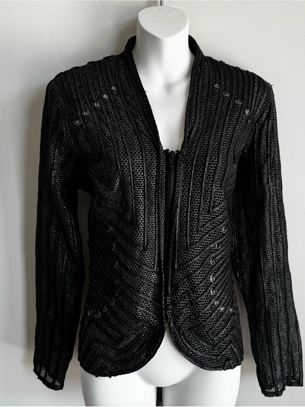 Multiples Black Textured Grommet Zip Jacket
